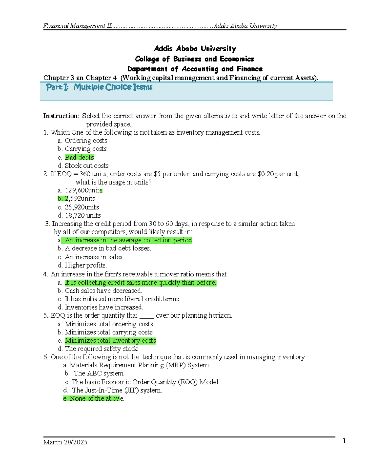 Financial Management II: Ch 3 & 4 - Current Asset Mgt & Financing - Studocu