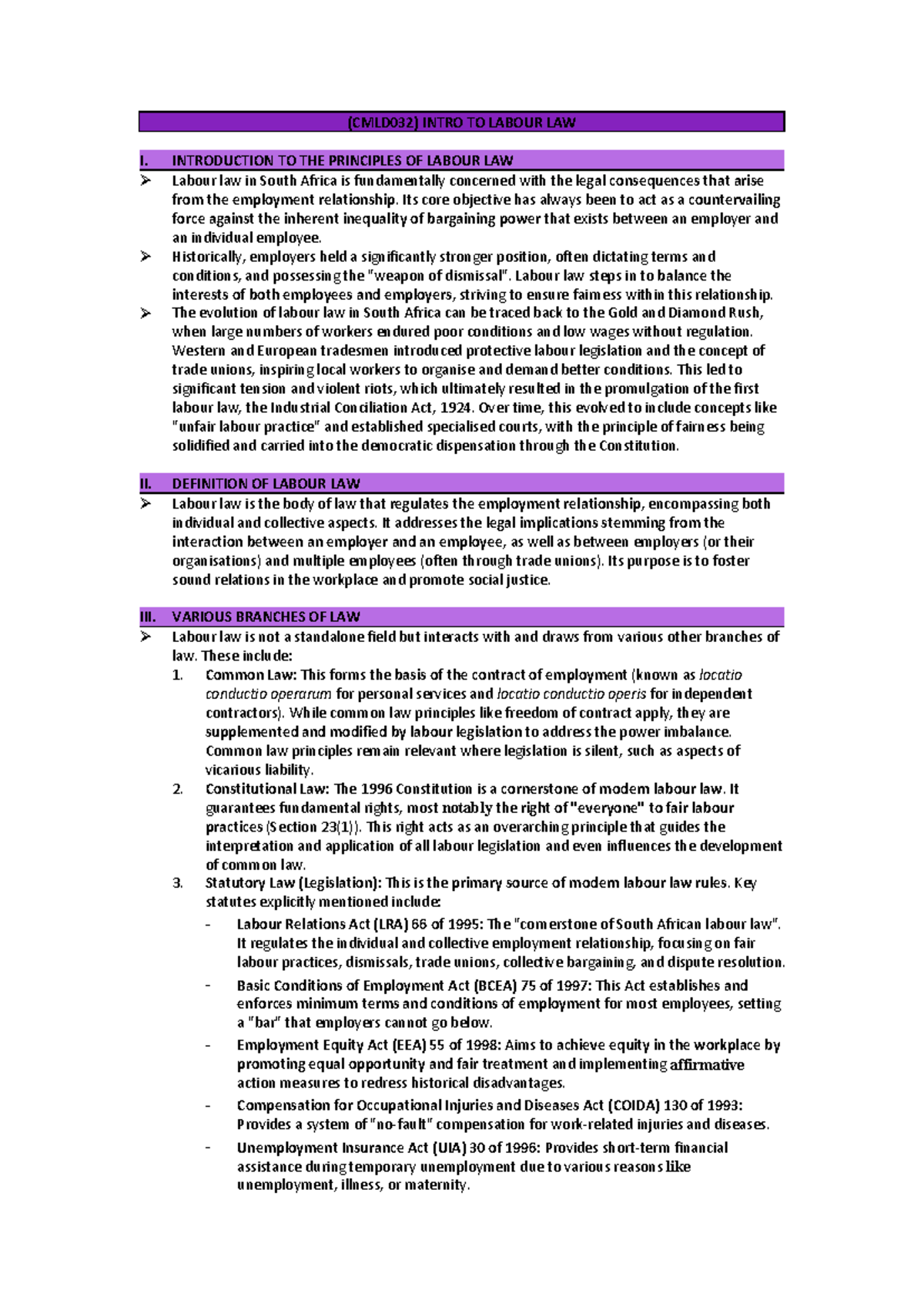 (CMLD032) Chapter 1 & 2: Introduction to Labour Law Principles - Studocu