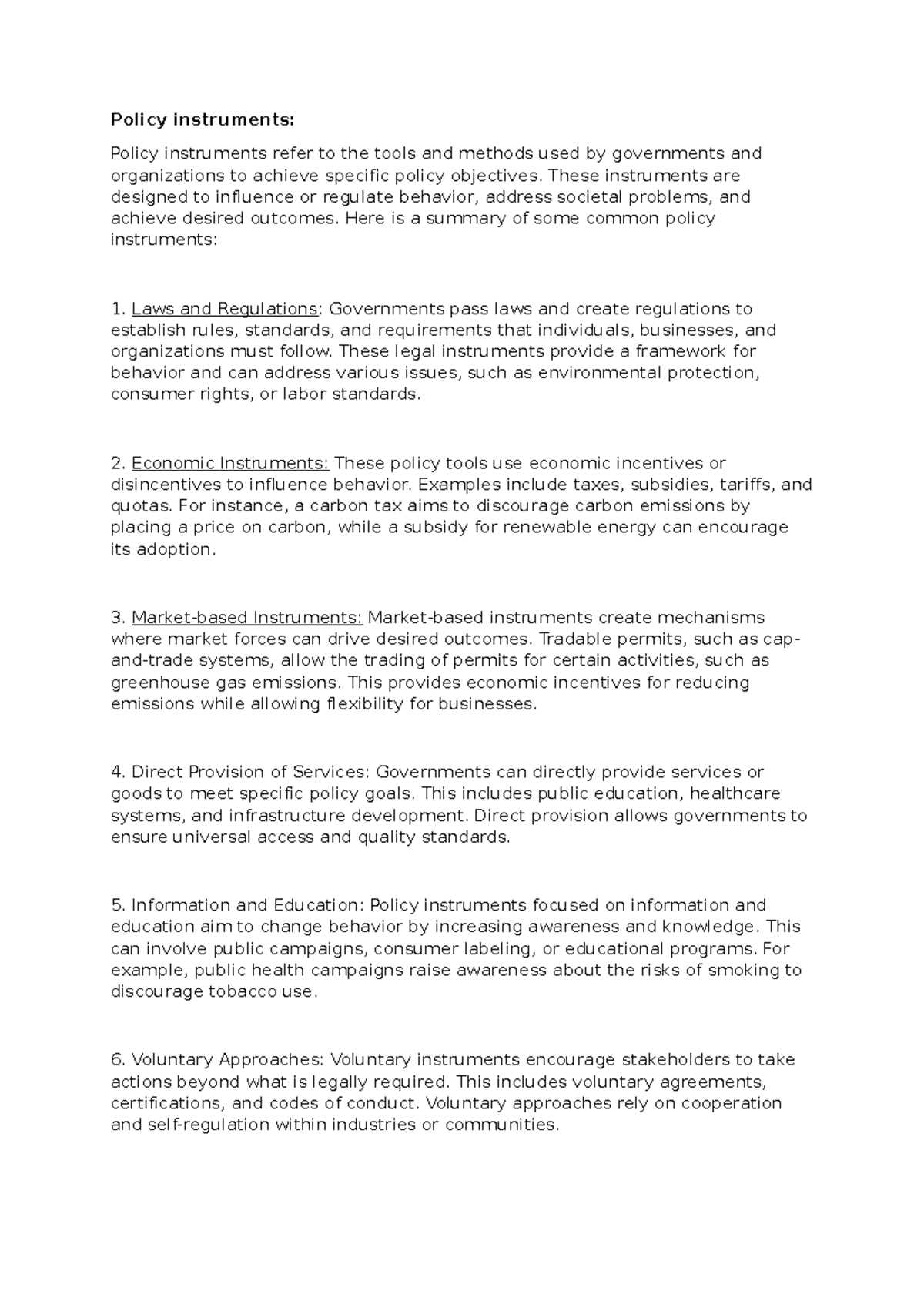 Summary of Policy Instruments in Environmental Governance (ENV 101 ...