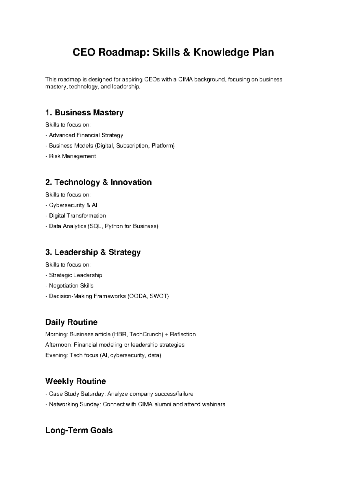 CIMA CEO Roadmap: Skills & Knowledge Plan for Aspiring Leaders - Studocu