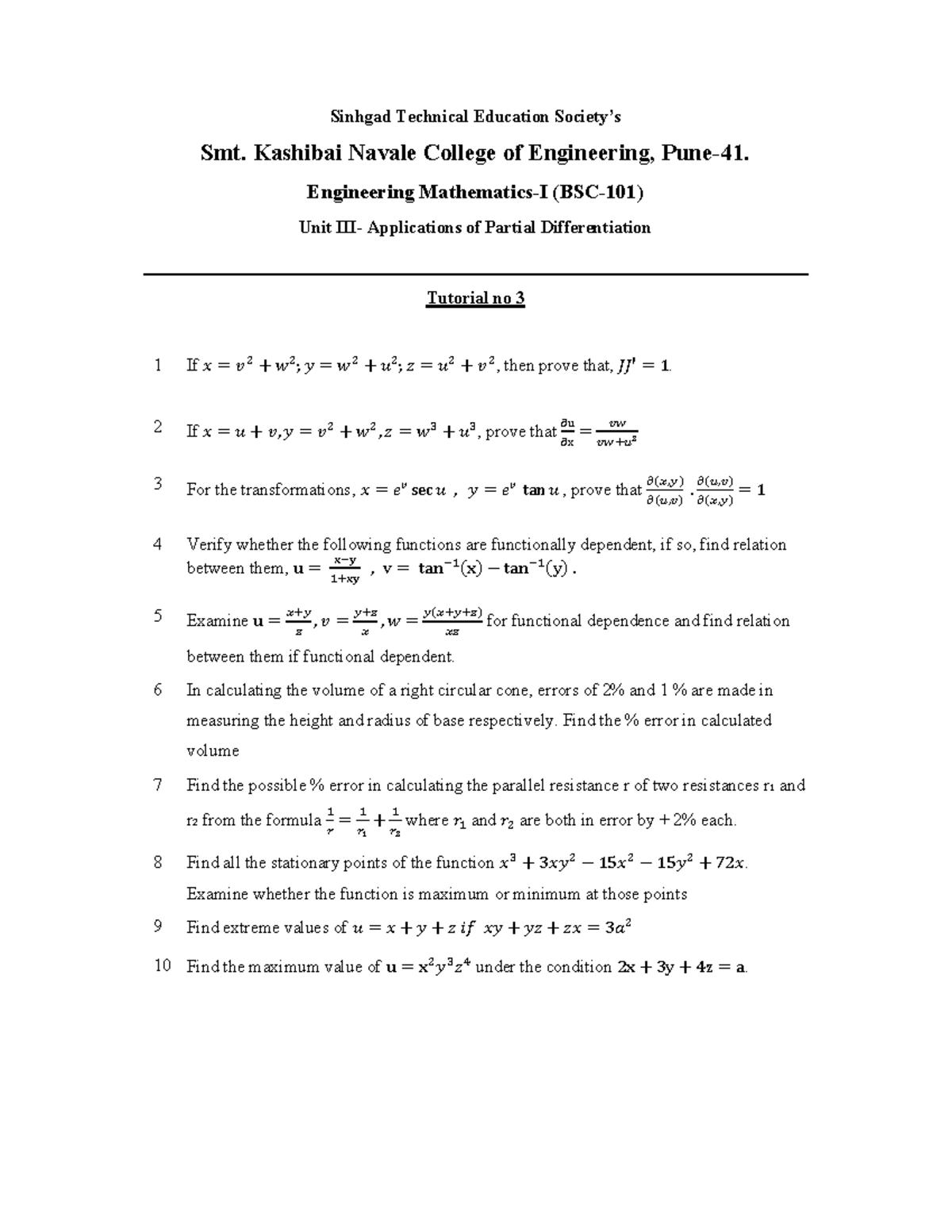 Engineering Unit Applications of Partial Differentiation Tutorial 3 ...
