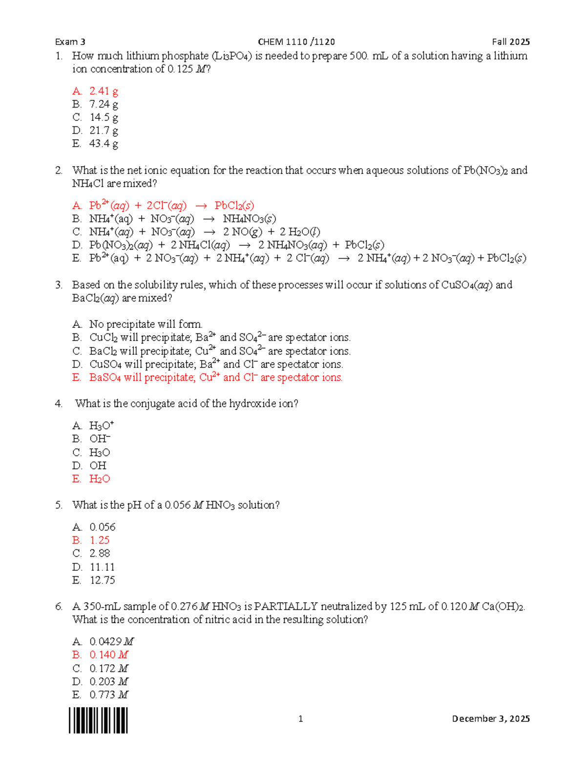 Final Exam CHEM 1110/1120 - Fall 2025 - Studocu