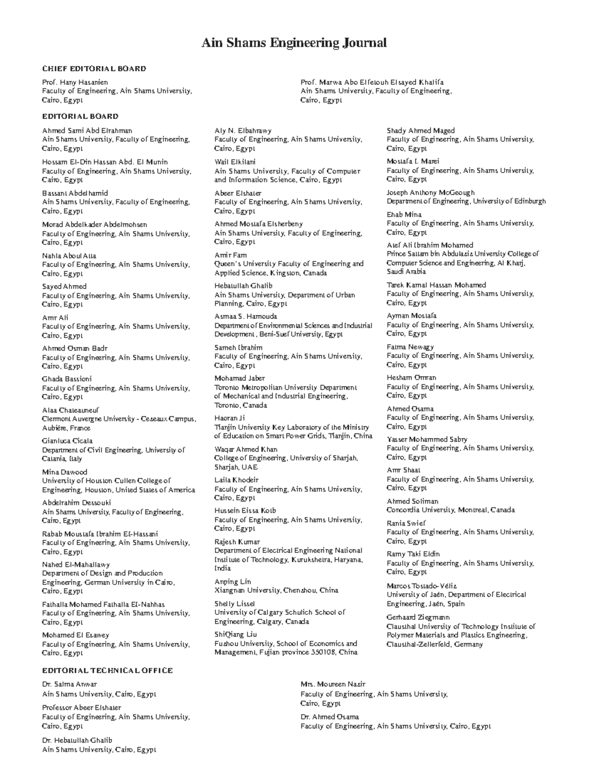 Ain Shams Engineering Journal Editorial Board Overview - Studocu