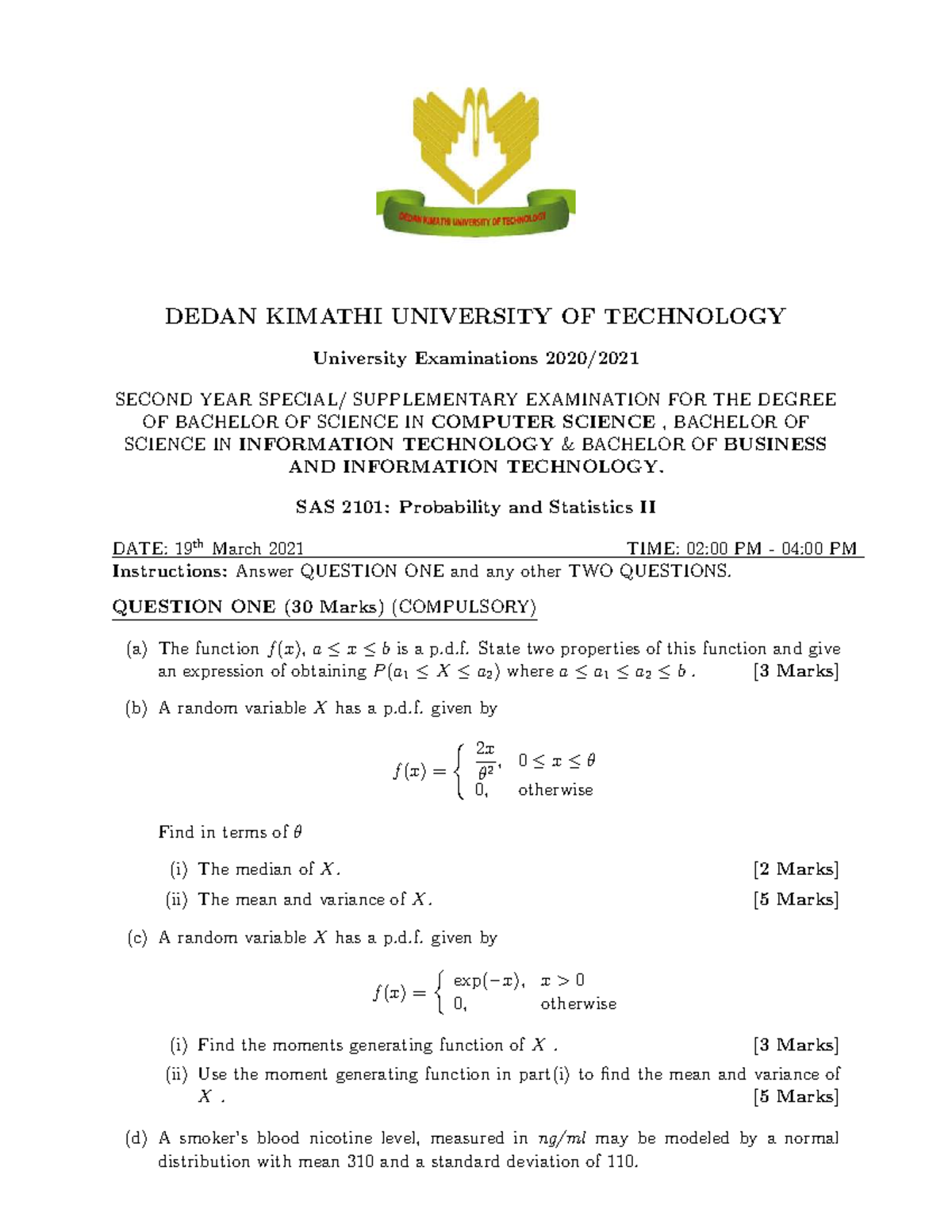 SAS 2101: Final Exam Review for Probability and Statistics II - Studocu
