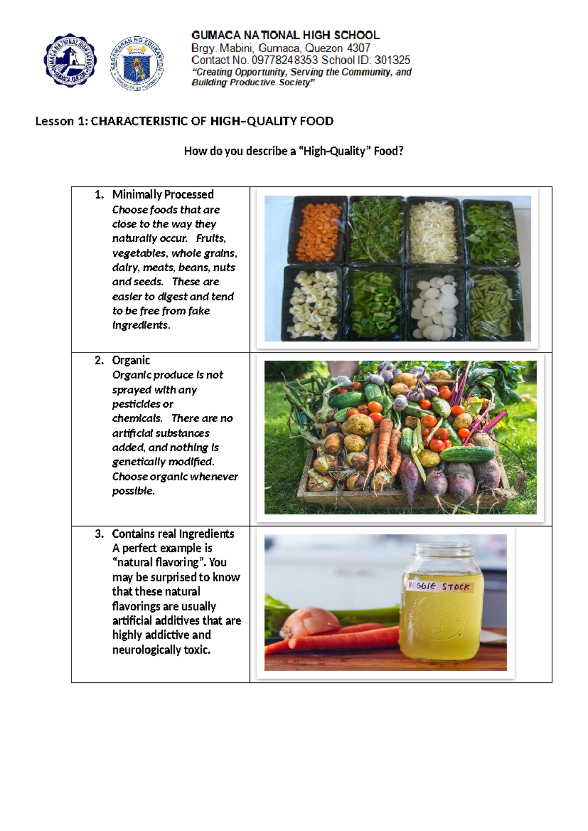DAY 1: Lesson 1-2 - Characteristics of Food & Quality Vegetables - Studocu