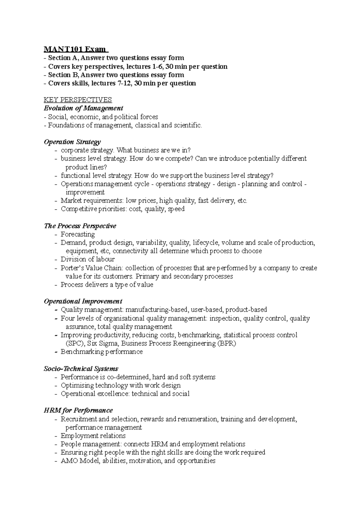 MANT101 Final Exam Notes: Key Concepts and Skills Overview - Studocu