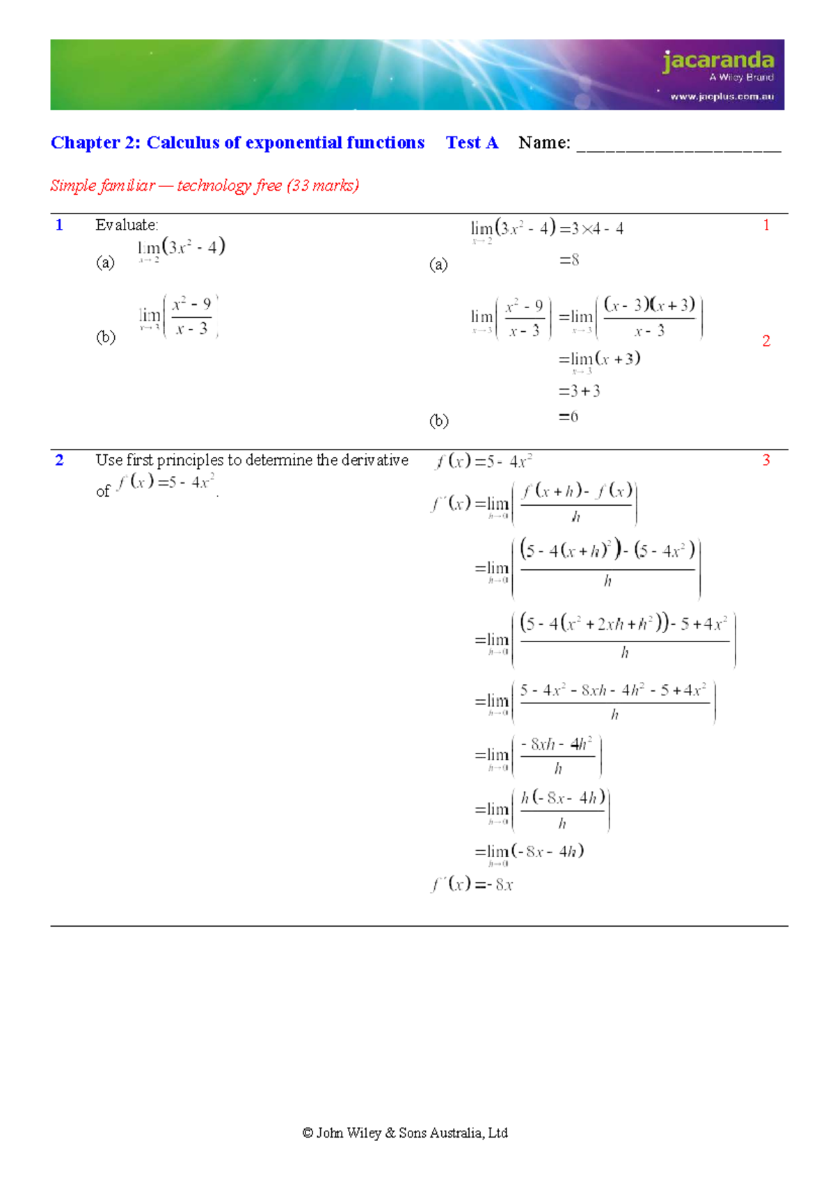 Chapter 2: Exponential Functions Test A Solutions (Maths Quest 12 ...