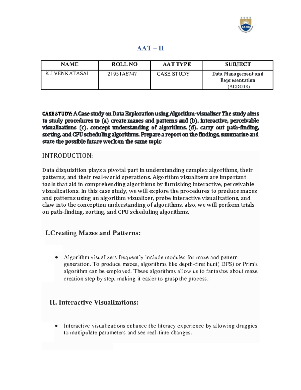 DMRAssignment Desciption - AAT – II NAME ROLL NO AAT TYPE SUBJECT K.J ...