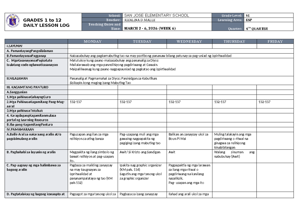 DTC DLL ESP 6 Q4 W6 - Daily Lesson Log for Grades 1-12 - Studocu