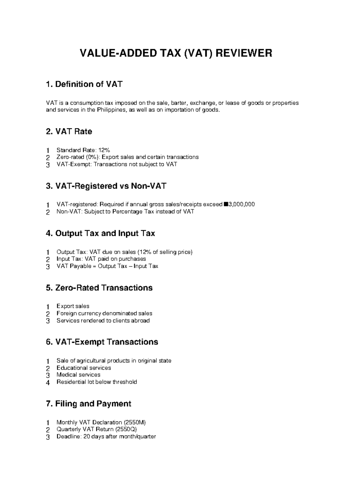 TAX (VAT) REVIEWER: Summary of VAT Concepts and Regulations - Studocu