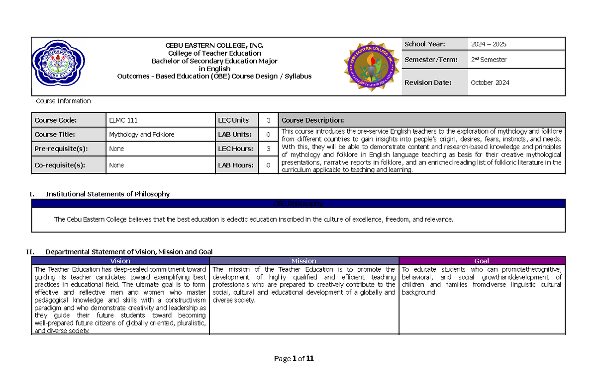 ELMC 111 Mythology and Folklore Syllabus for BSED 2024-2025 - Document Preview