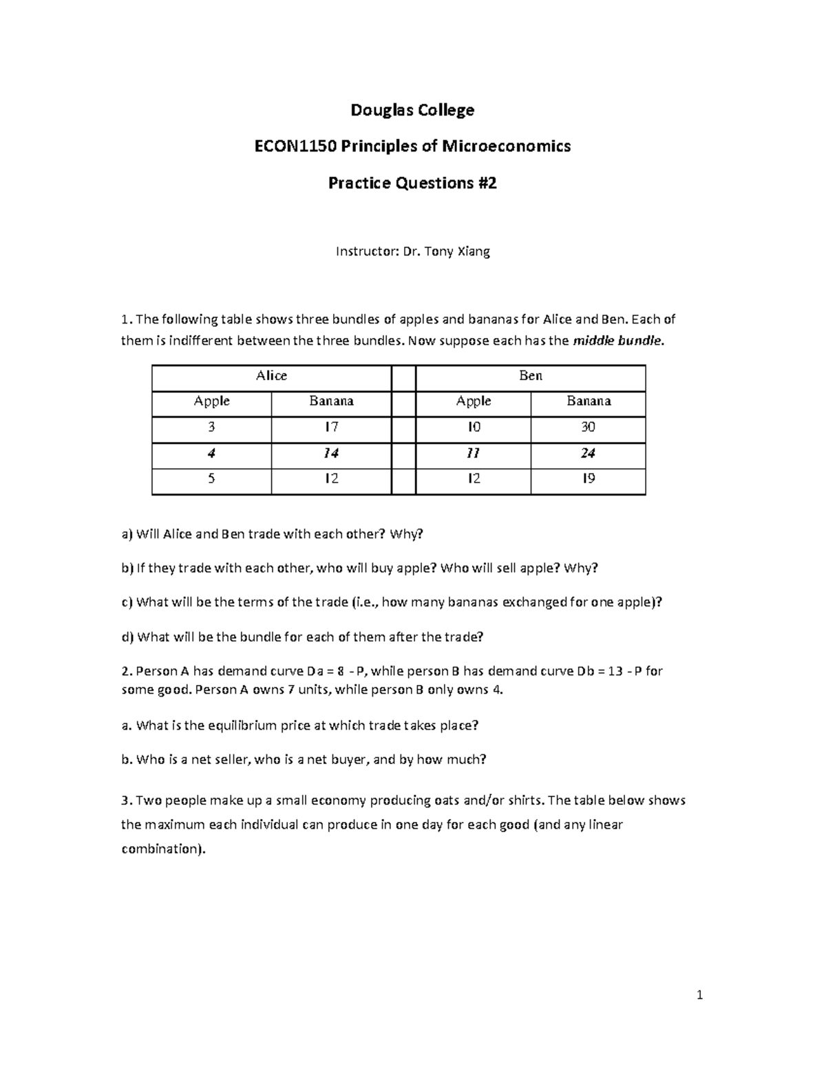 ECON1 150 Practice #2: Microeconomics Trade & Demand Questions - Studocu
