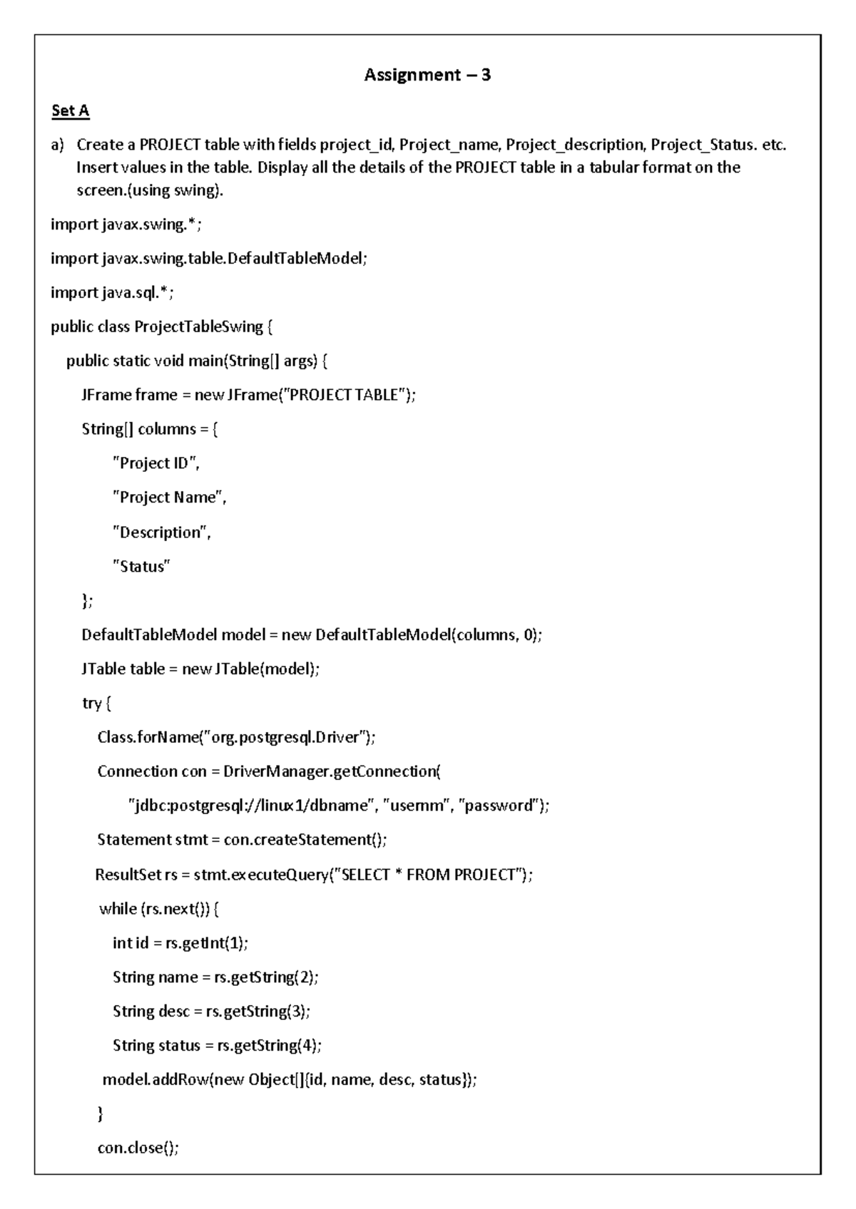 Assignment 3: Creating and Displaying a PROJECT Table in Java - Studocu