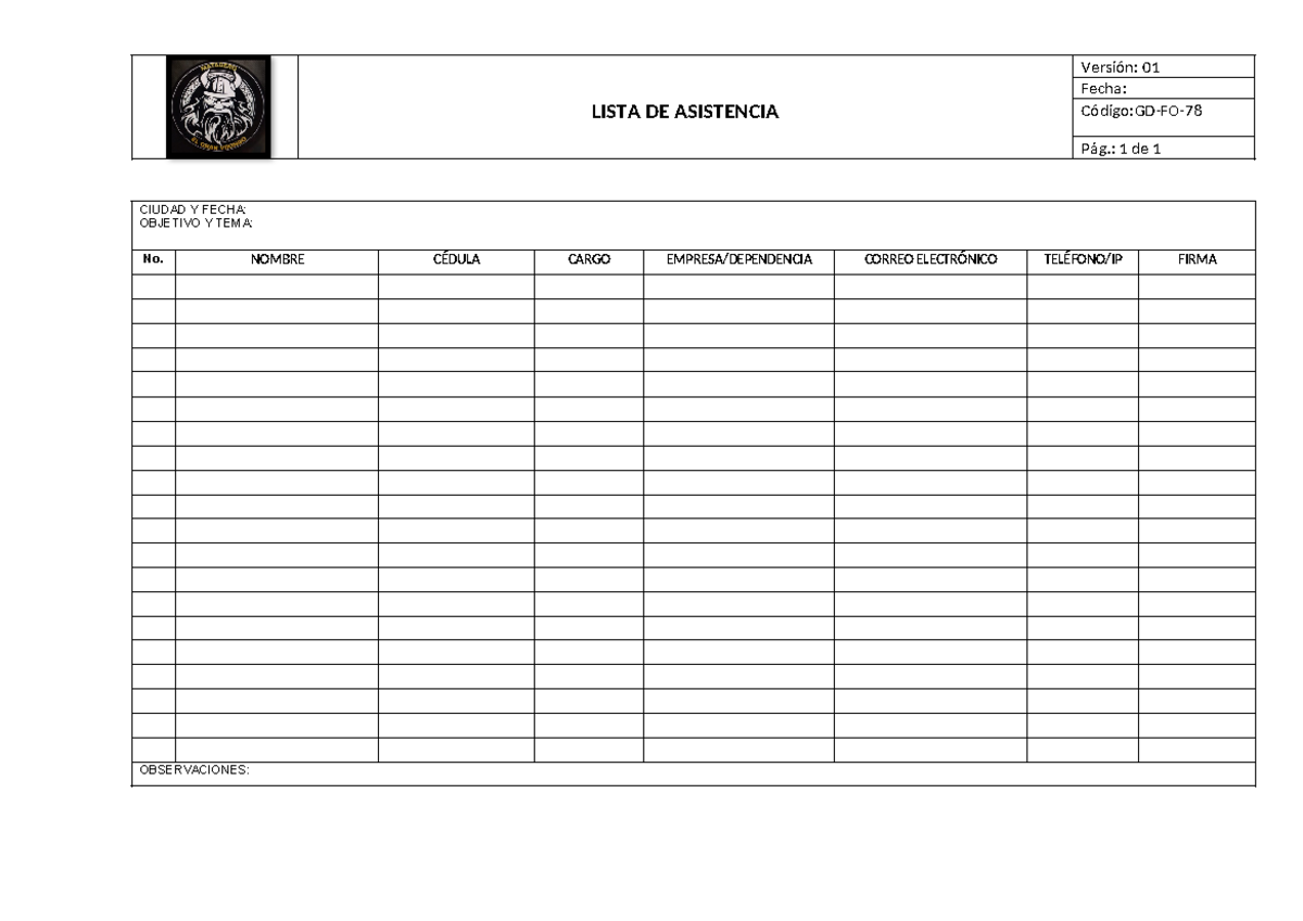 GD FO 78 Formato Lista de Asistencia Actualización del Sistema de Gestión de Seguridad y Salud