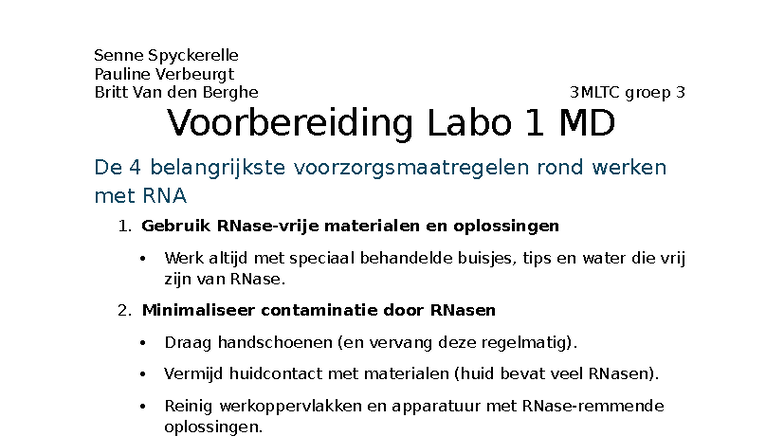 MD Labo 1 Voorbereiding: RNA Werken en Voorzorgsmaatregelen 3MLTC groep ...