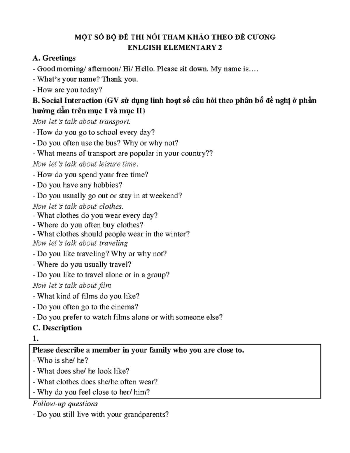 B1.1 Speaking Practice: Sample Questions for English Elementary 2 - Studocu