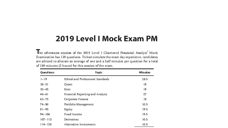2019 CFA Level I Mock Exam PM: Comprehensive Practice Questions - Studocu