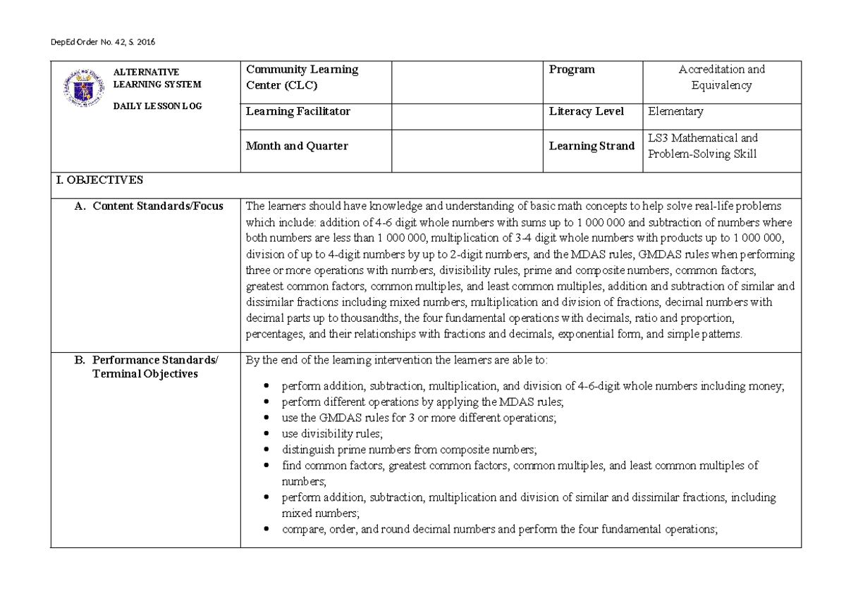 LS3 ELEM: Daily Lesson Log on GCF & Factors (DepEd Order No. 42, S ...