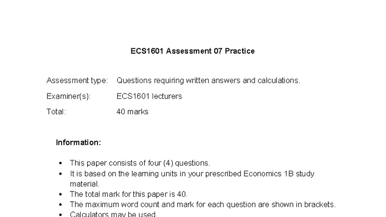 ECS1601 Assessment 07 Practice Questions & Calculations S2 2024 - Studocu
