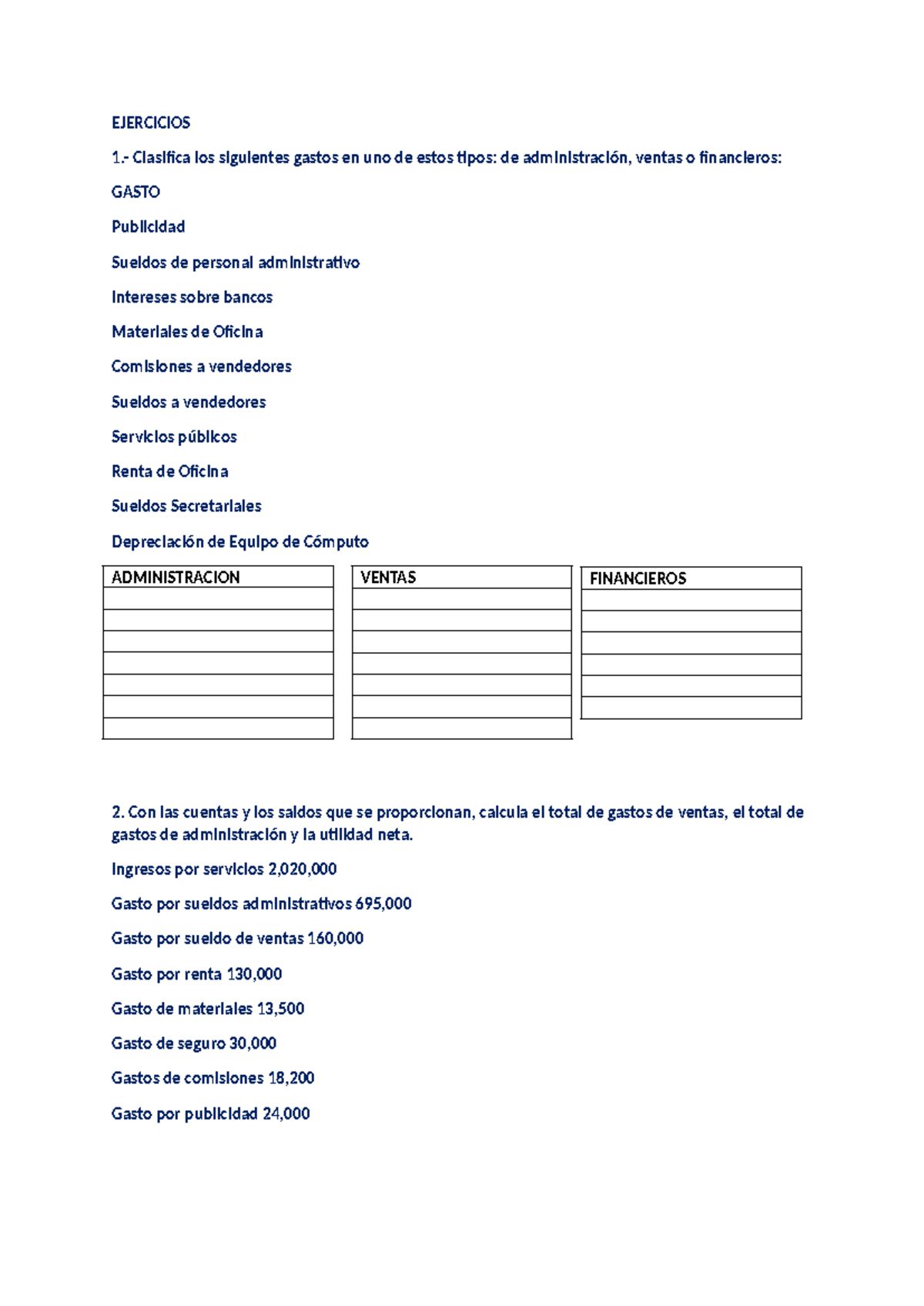 Examen de Contabilidad: Clasificación de Gastos y Balance General - Studocu