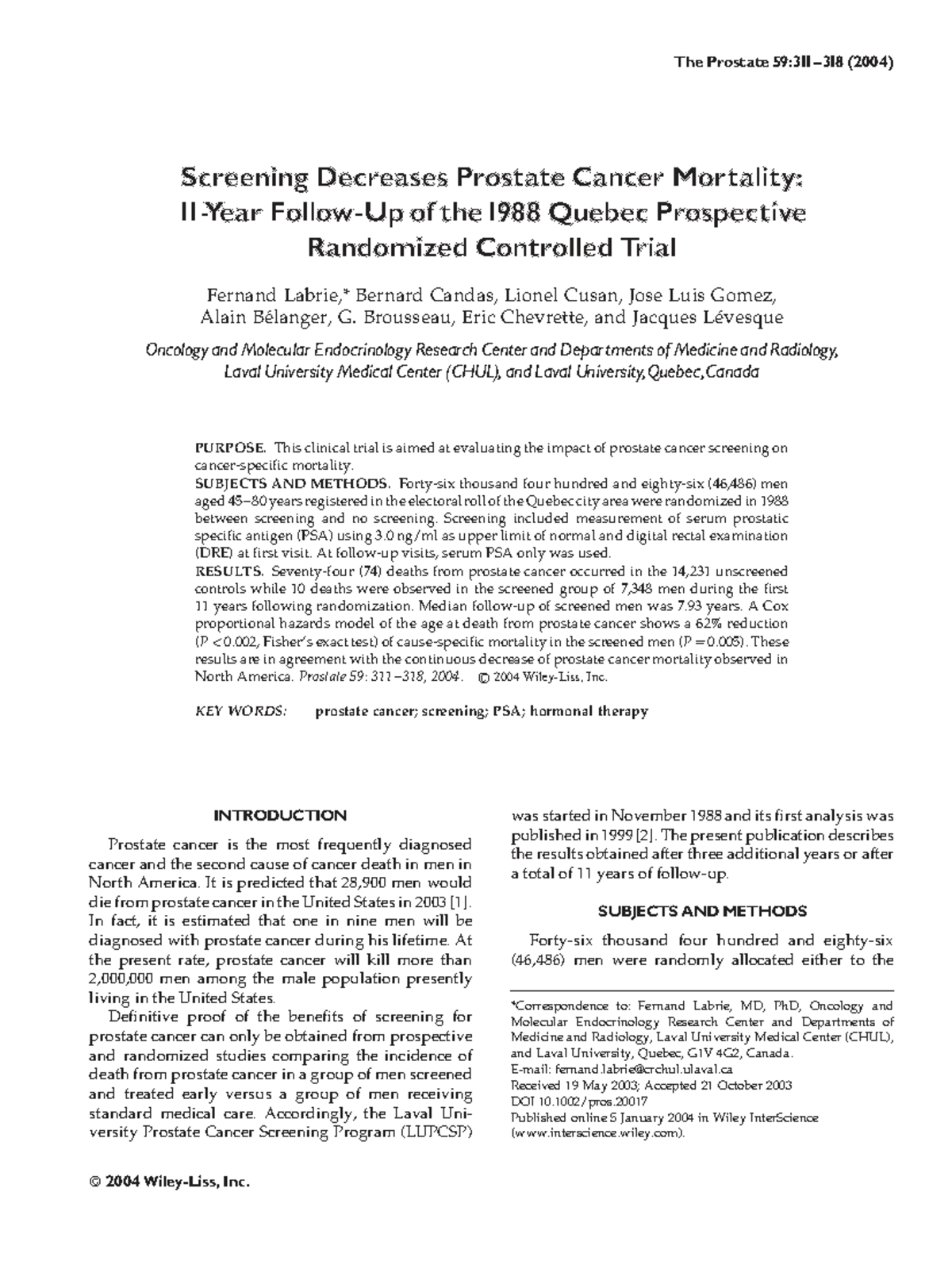 Labrie 2004 - Impact of Prostate Screening on Cancer Mortality (EDUEL ...