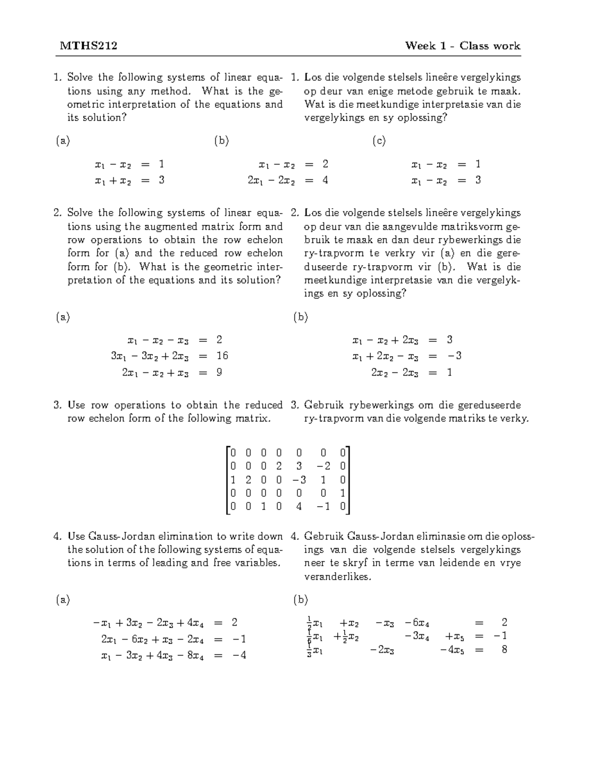 MTHS212 - Week 1 Class Work: Linear Systems Solutions - Studocu