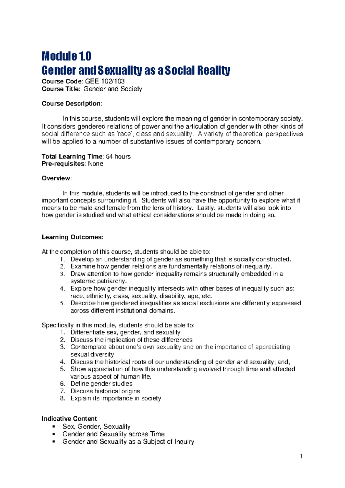 GEE 102 Module 1: Intro to Gender and Sexuality in Society - Studocu