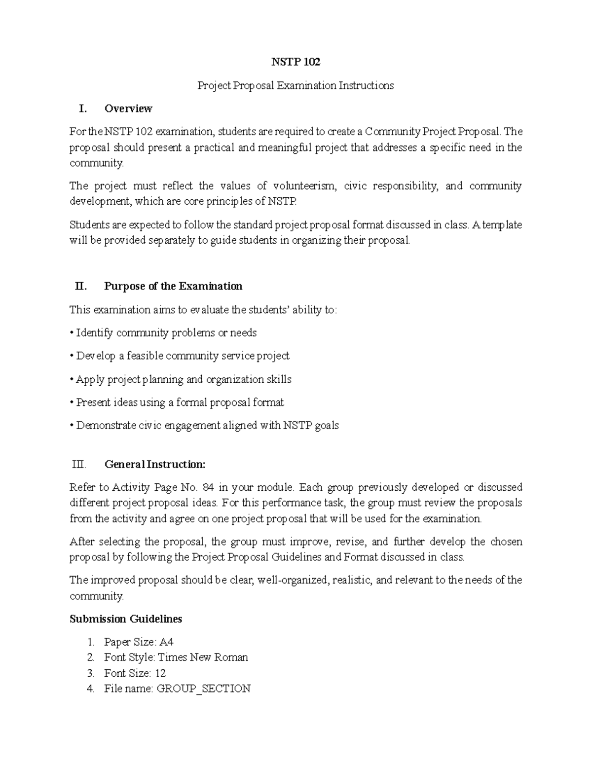 NSTP 102 Community Project Proposal Exam Instructions and Guidelines ...