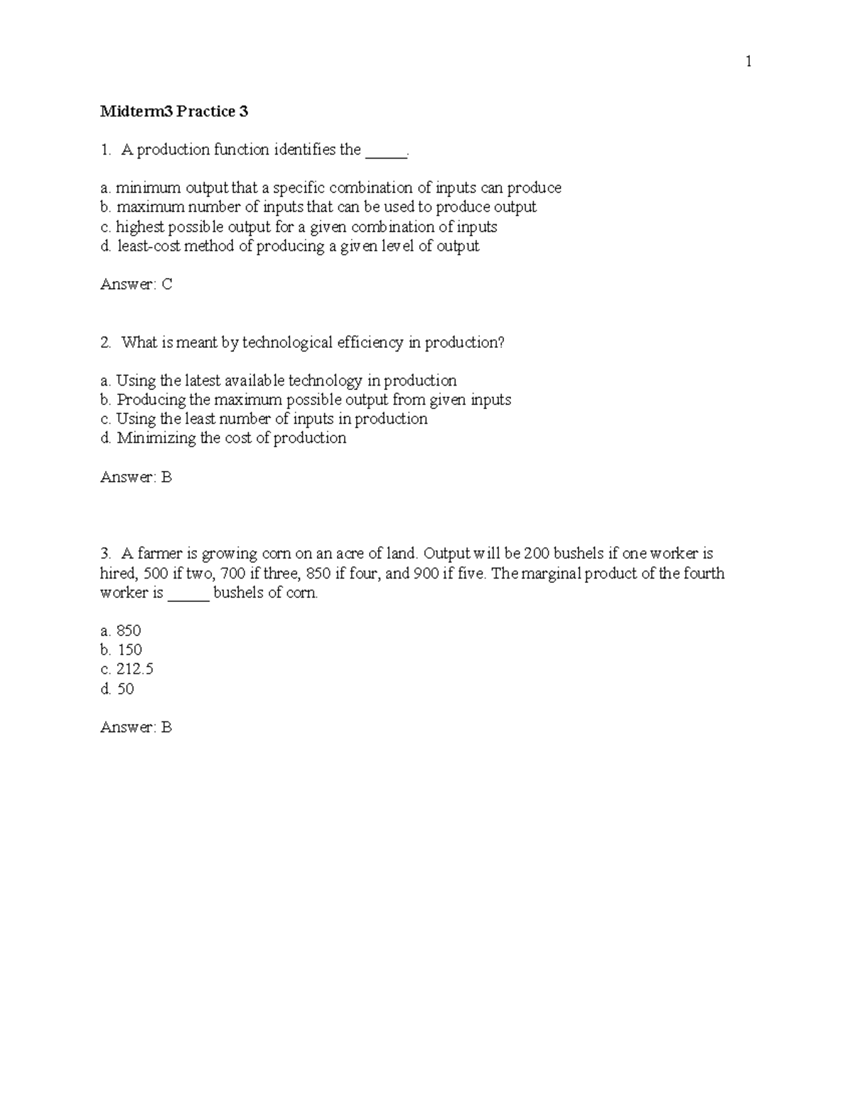 Midterm 3 Practice Questions for Economics 101 - Comprehensive Review ...