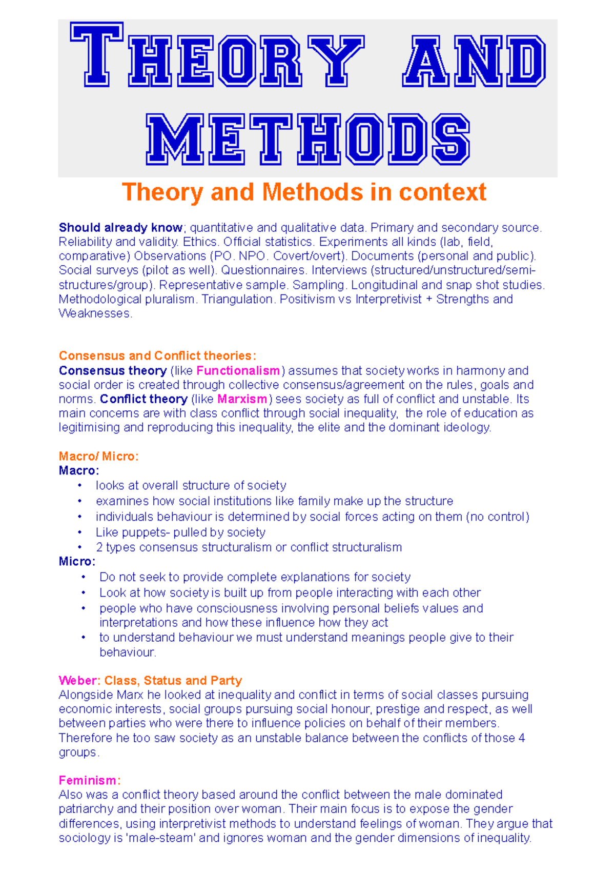 Sociology theory and methods in context - Theory and methods Theory and ...