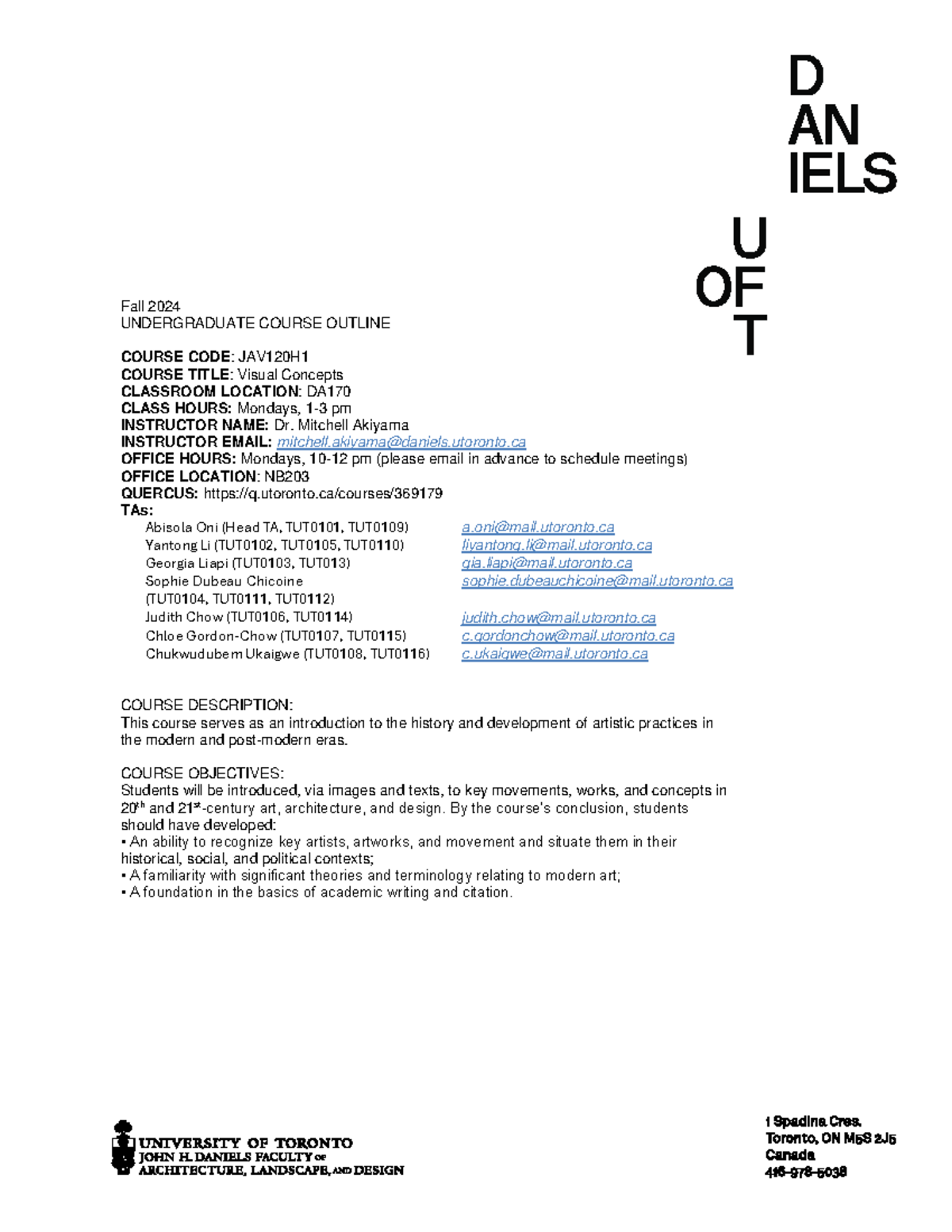 JAV120H1 Syllabus: Visual Concepts - Fall 2024 Course Outline - Studocu
