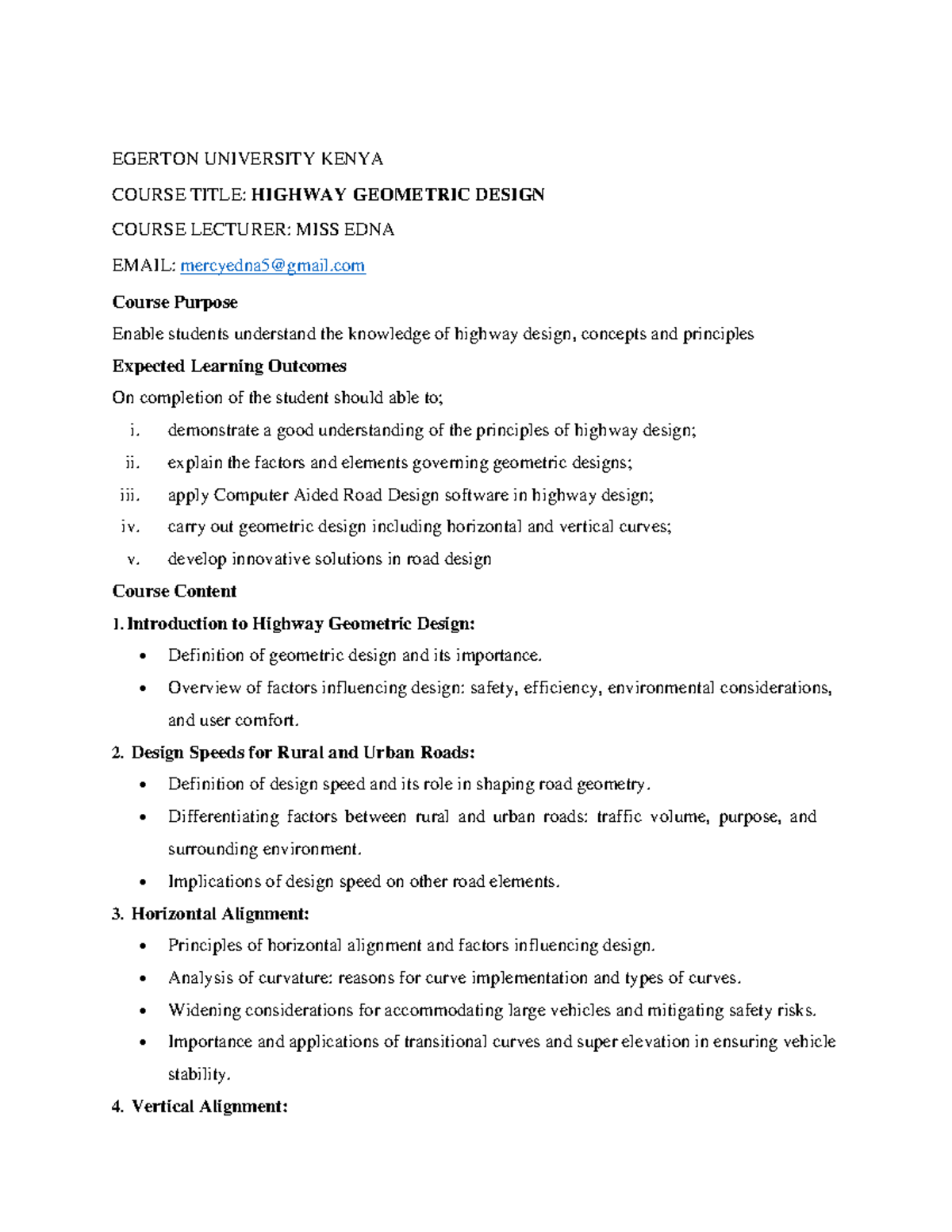 CIEN 456 Highway Geometric Design Course Outline and Content - Studocu