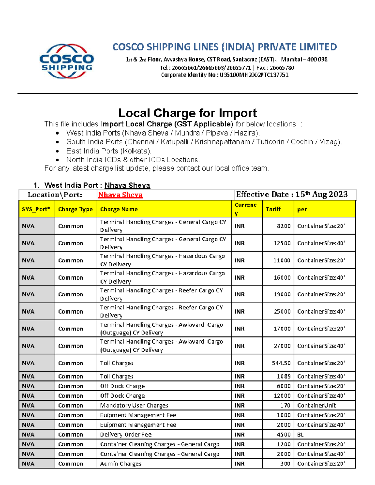 COSCO Import Local Charges Overview - Effective 15th Aug 2023 - Studocu