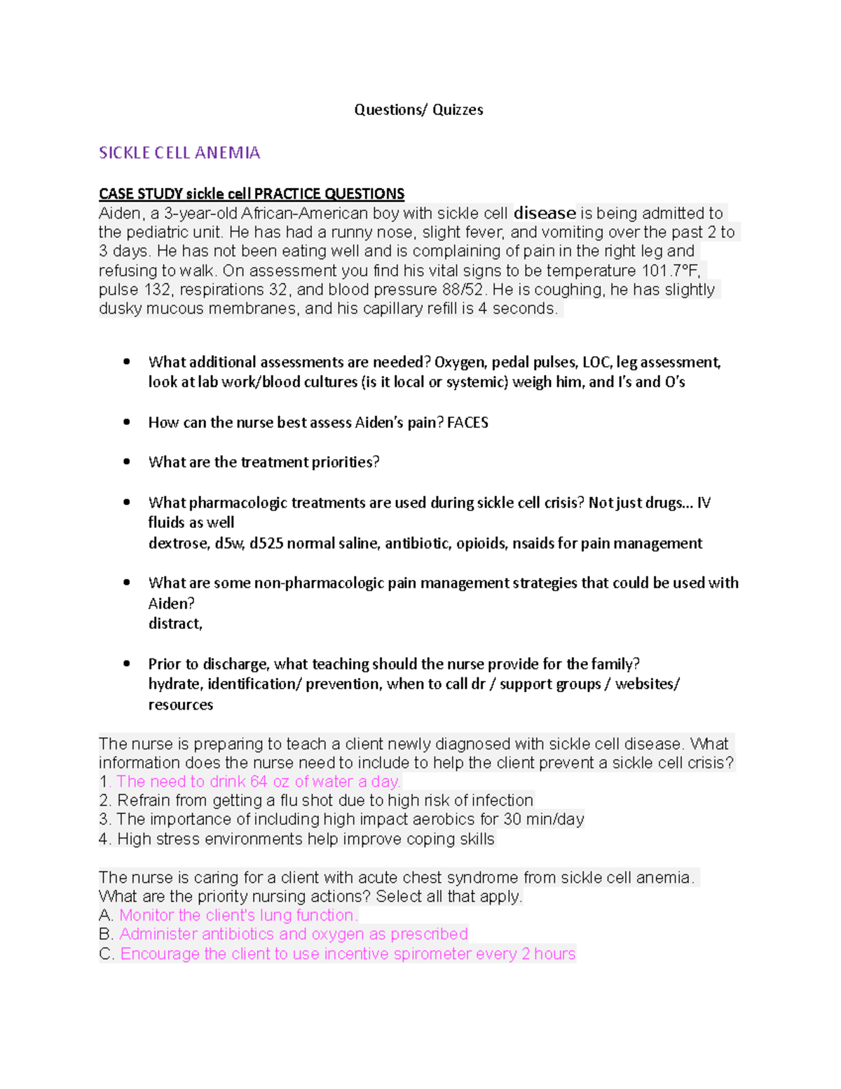 NURS 101 Exam 1: Sickle Cell Anemia & Other Case Study Notes - Studocu
