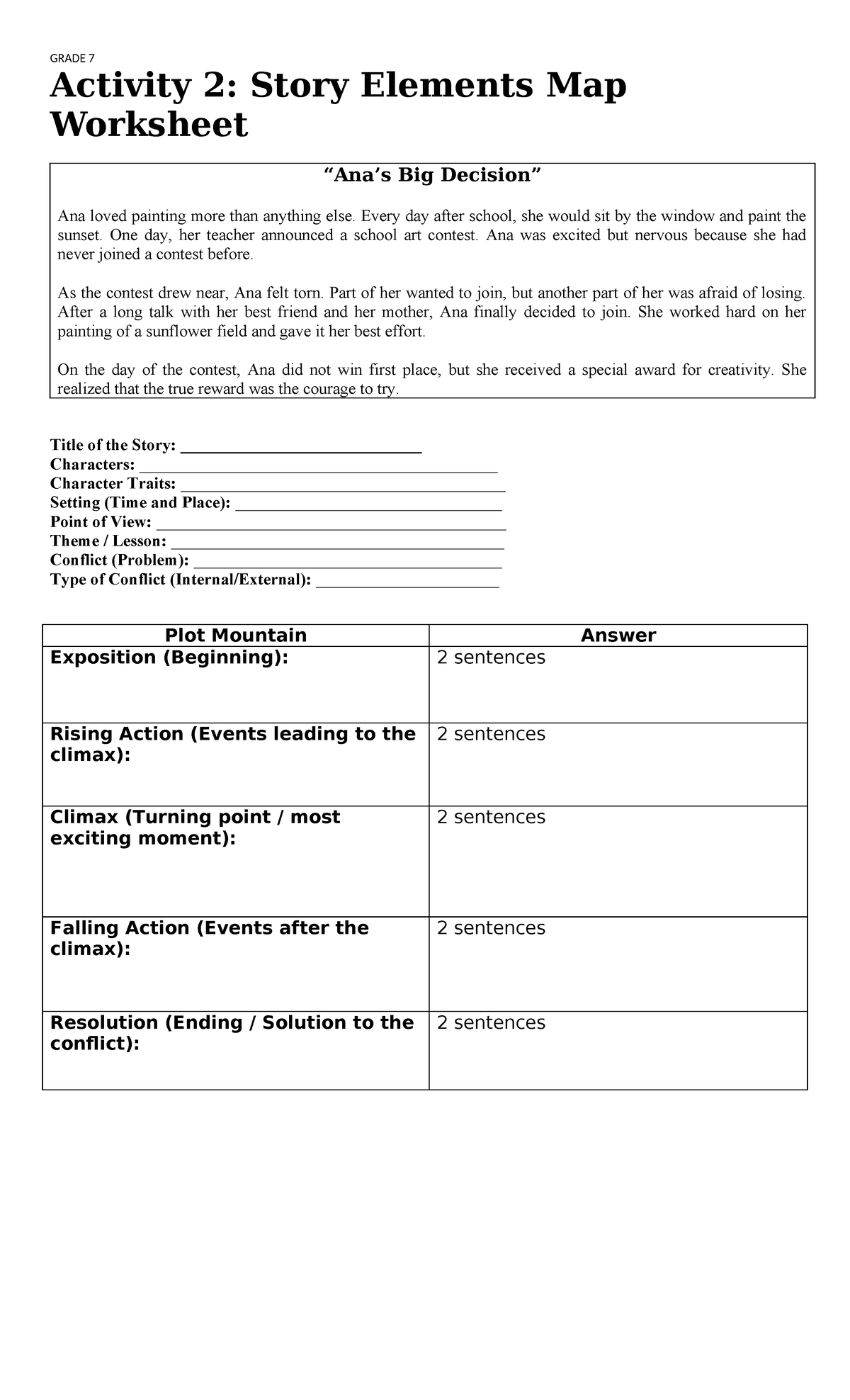 GRADE 7 Activity 2: Story Elements Map & Plot Analysis - Studocu