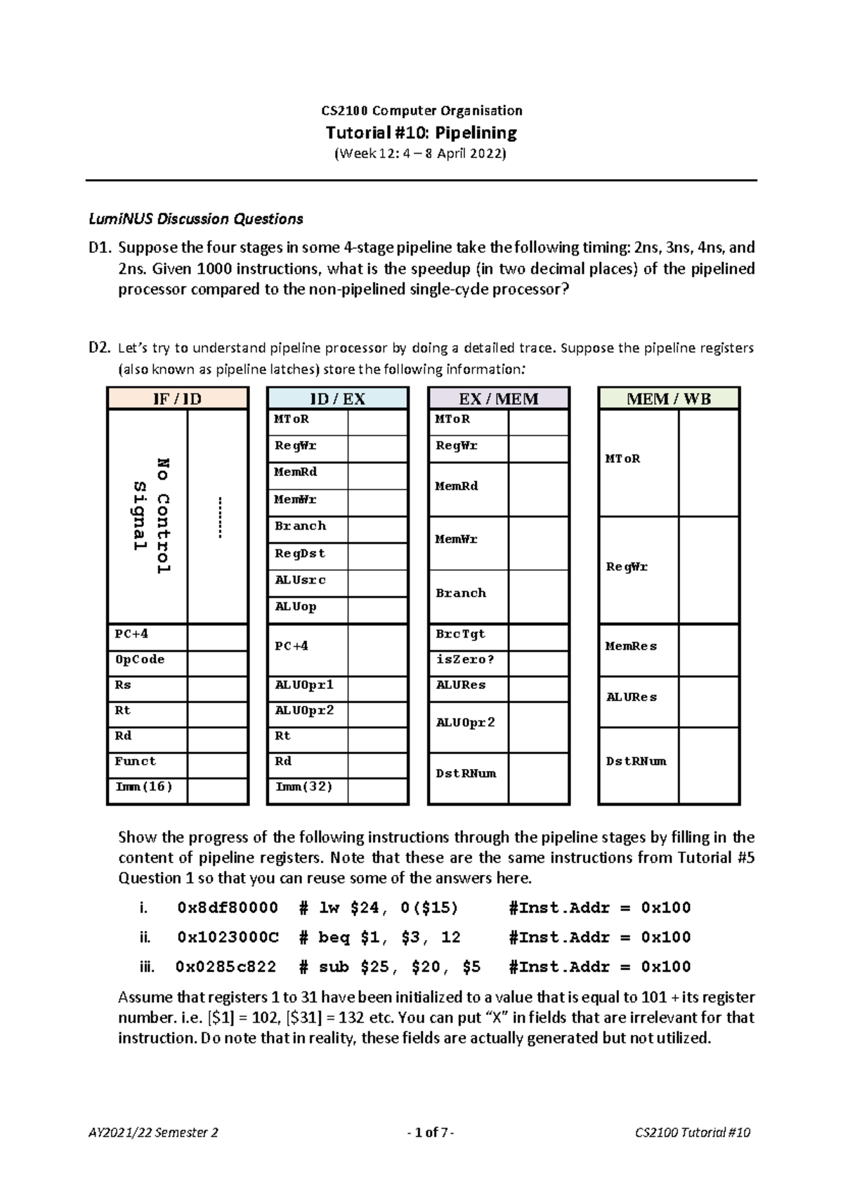 CS2100 Computer Organisation Tutorial 10 Questions on Pipelining - Studocu