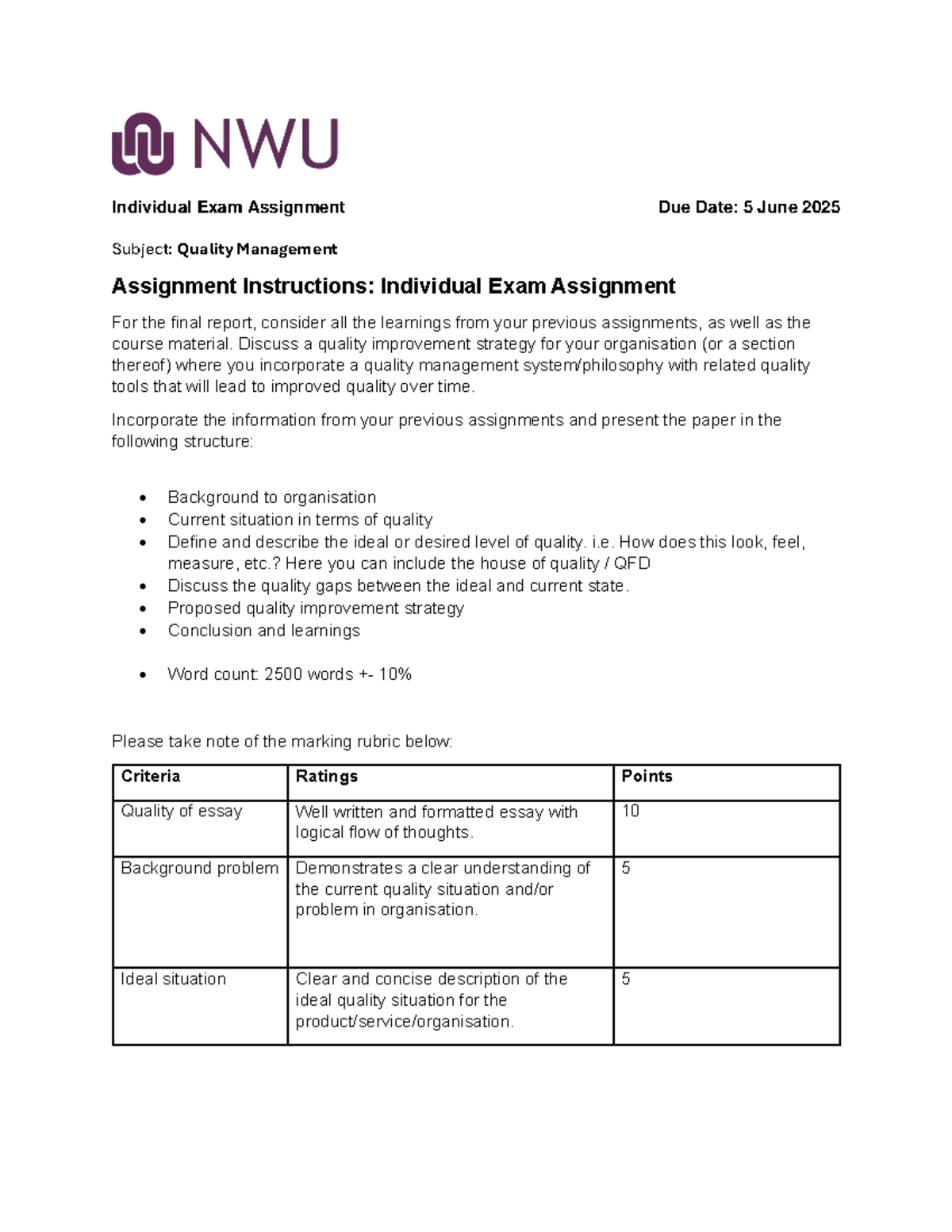 INGB 514 Final Exam Assignment: Quality Management Strategy Report ...