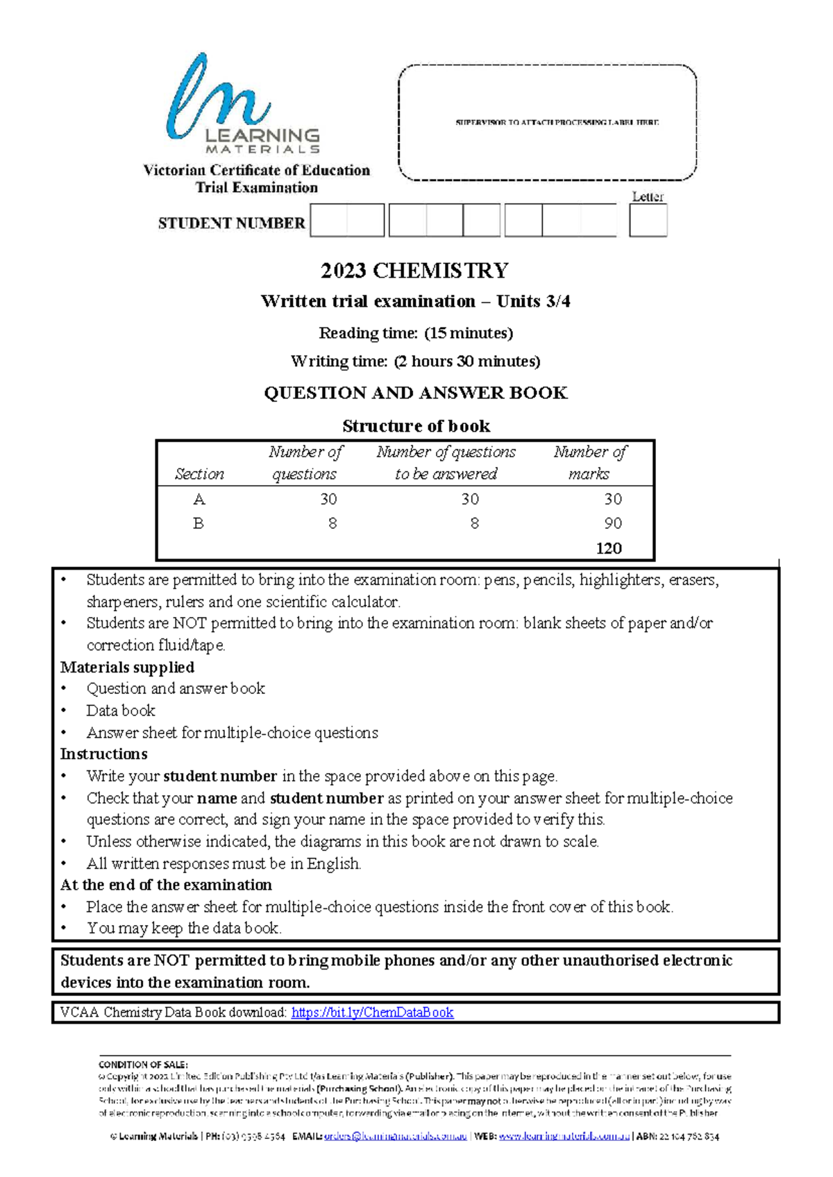2023 VCE CHEMISTRY UNITS 3 & 4 PRACTICE EXAM QUESTIONS - Studocu