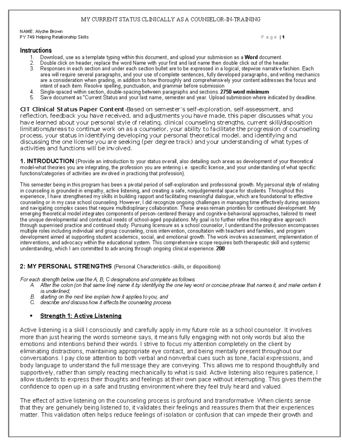 Clinical Status Paper: Personal Growth as a Counselor (PY 749) - Studocu