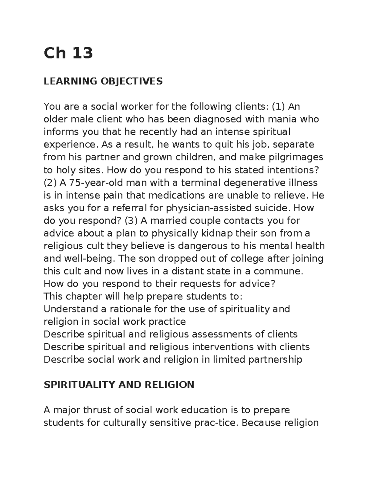 Chapter 13: Spirituality and Religion in Social Work Practice - Ch 13 ...