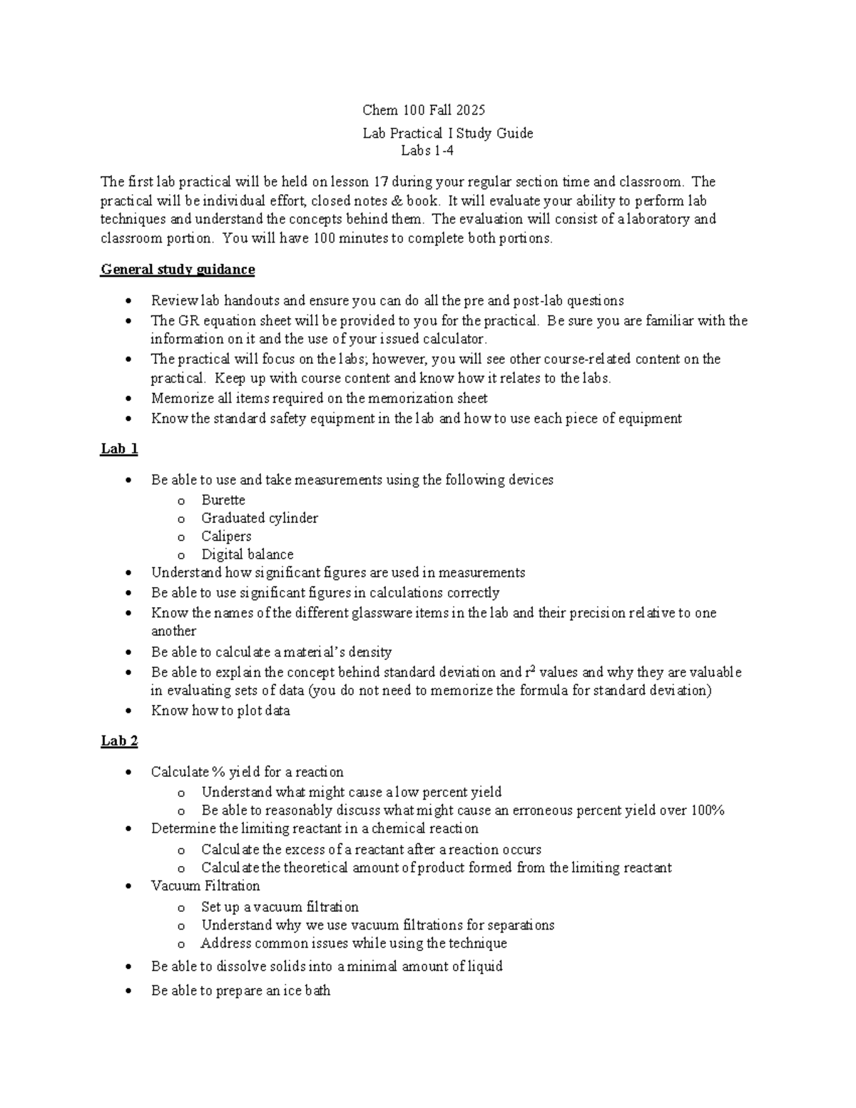 Chem 100 Fall 2025 Lab Practical I Study Guide for Labs 1-4 - Studocu