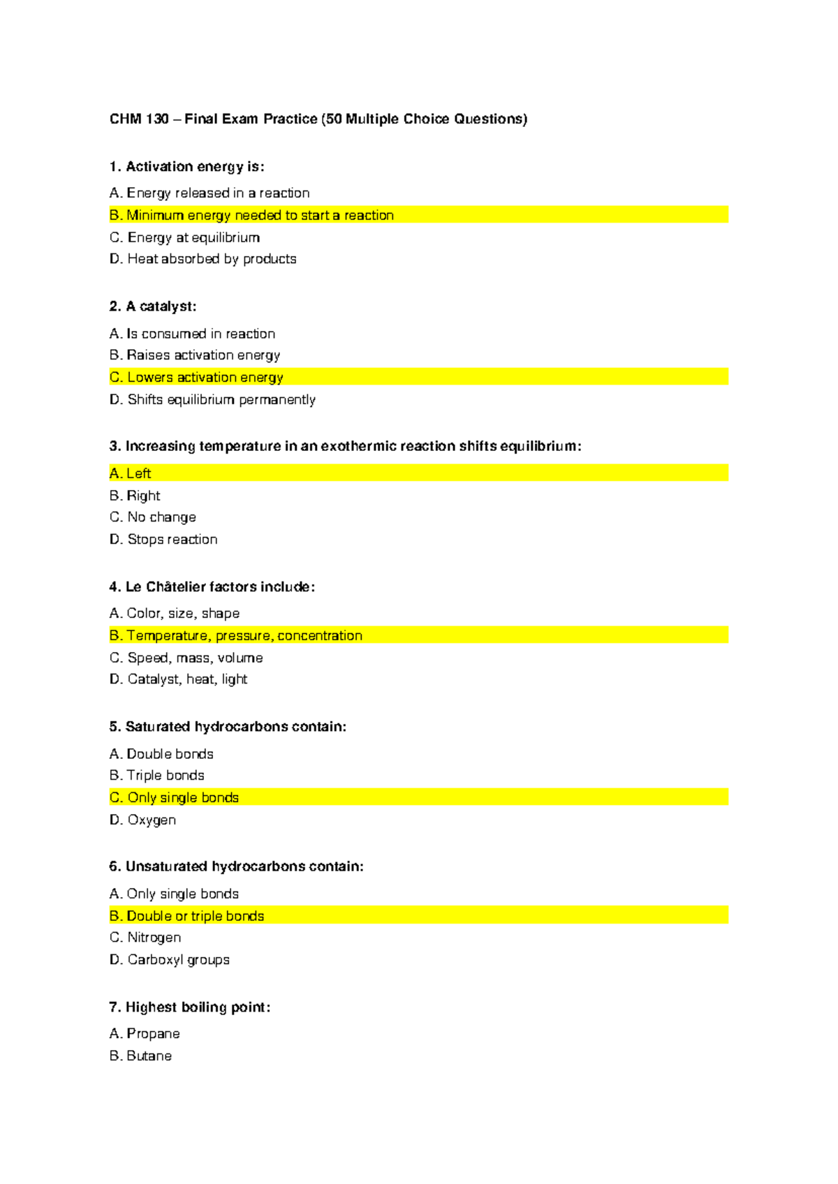CHM 130 Final Exam Practice: 50 MC Questions with Answers - Studocu