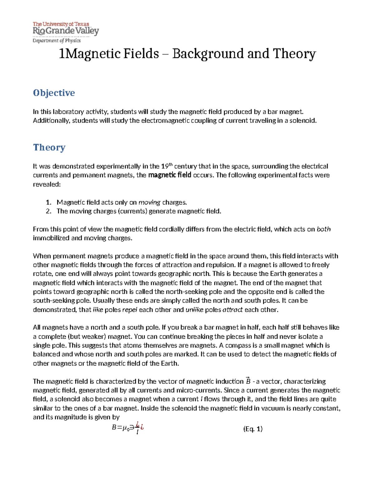 PHYS 1402 - Lab 6: Magnetic Fields Theory and Experiments - Studocu
