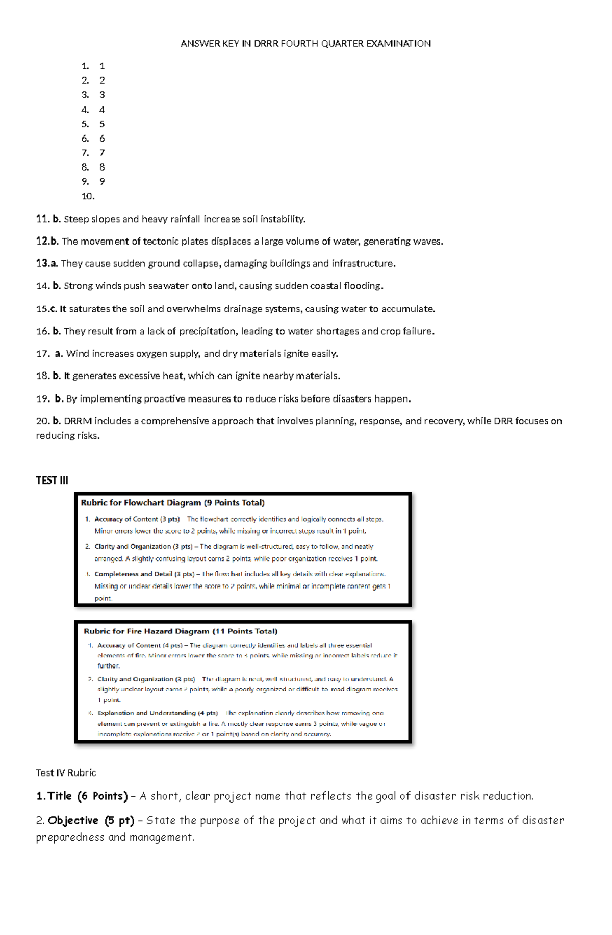 DRRR 4th Qtr Exam Answer Key & Tips for Disaster Risk Reduction - Studocu