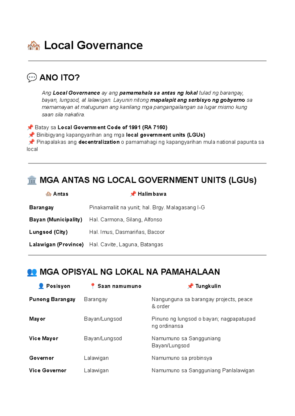 Local Governance: ANO ITO? - Understanding Local Government Units - Studocu