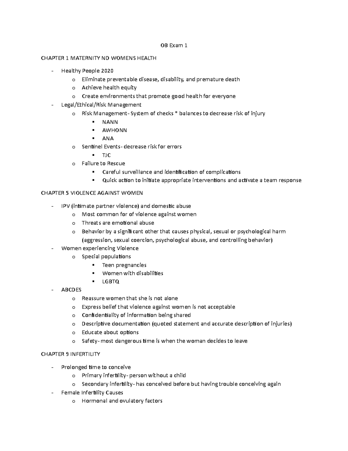 OB Exam 1 Notes - OB Exam 1 CHAPTER 1 MATERNITY ND WOMENS HEALTH ...