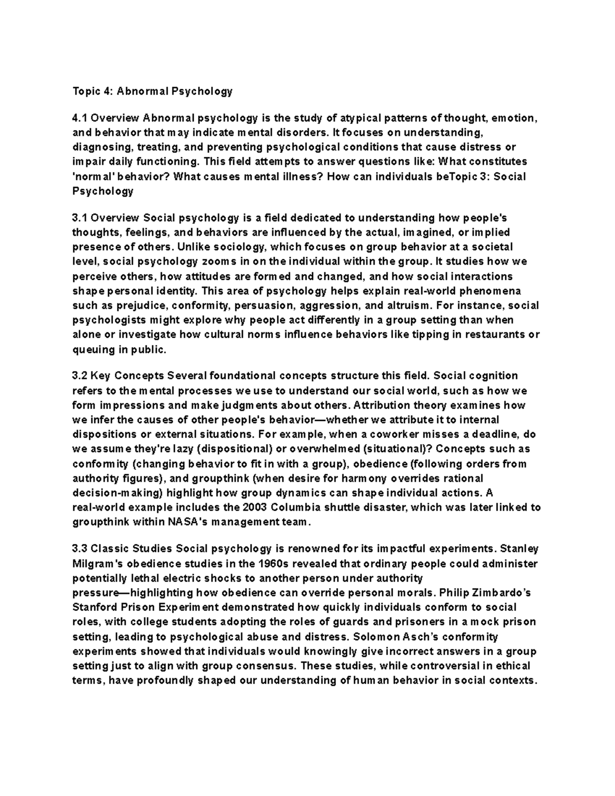 Abnormal Psychology & Social Psychology Overview (Course Code: PSY 101 ...