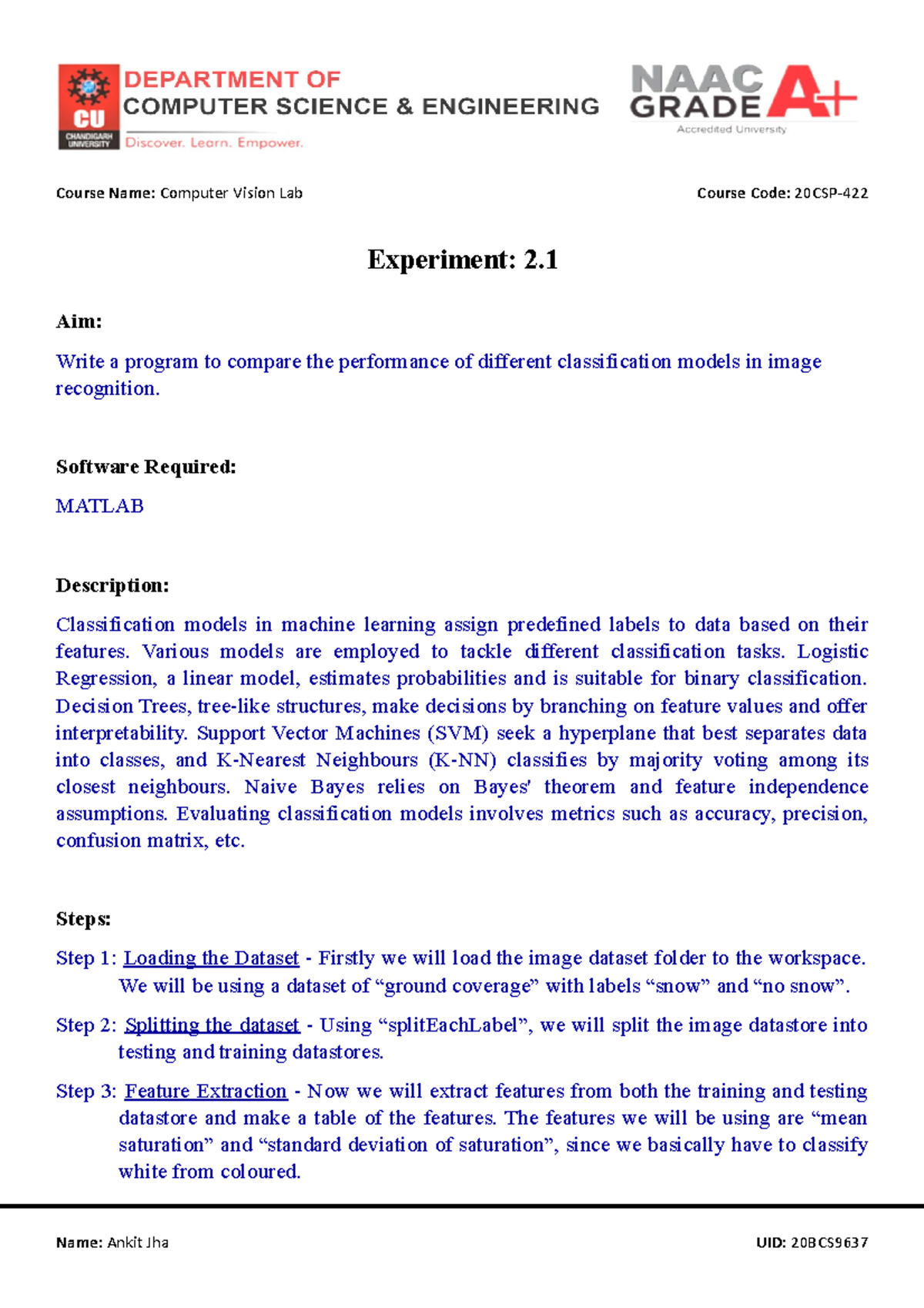 Experiment 2 - Computer Vision Lab (20CSP) Model Comparison Guide - Studocu