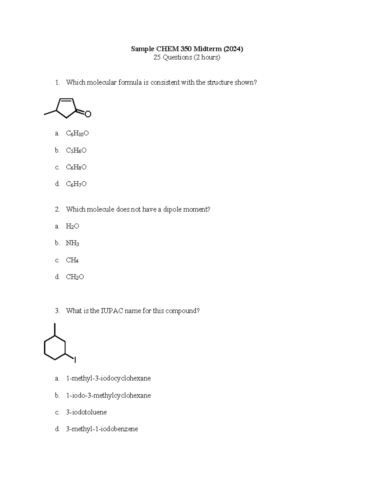 Sample CHEM 350 Midterm Exam (2024) - 25 Questions - Studocu