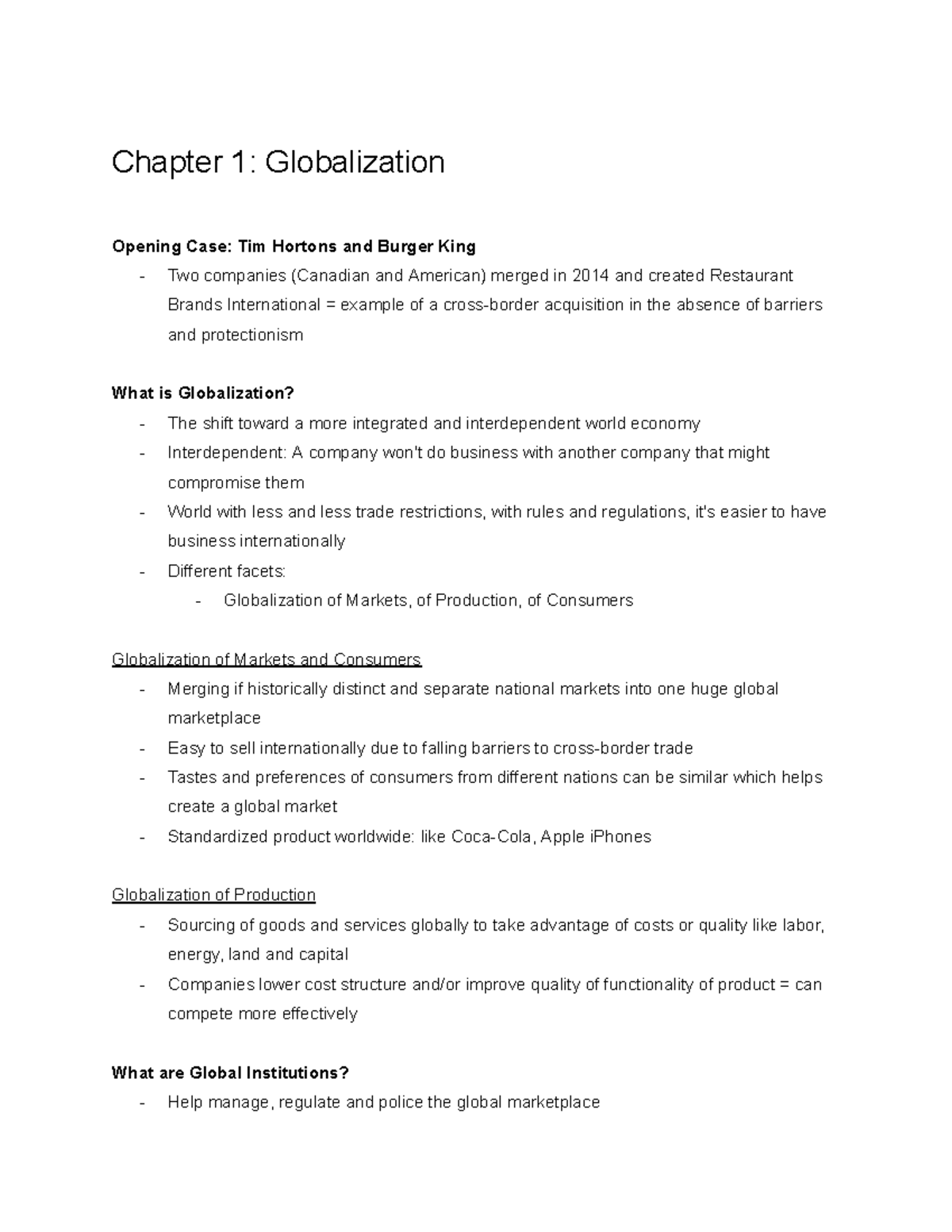 COMM 211 Chapter 1: Globalization Insights - Tim Hortons & Burger King ...